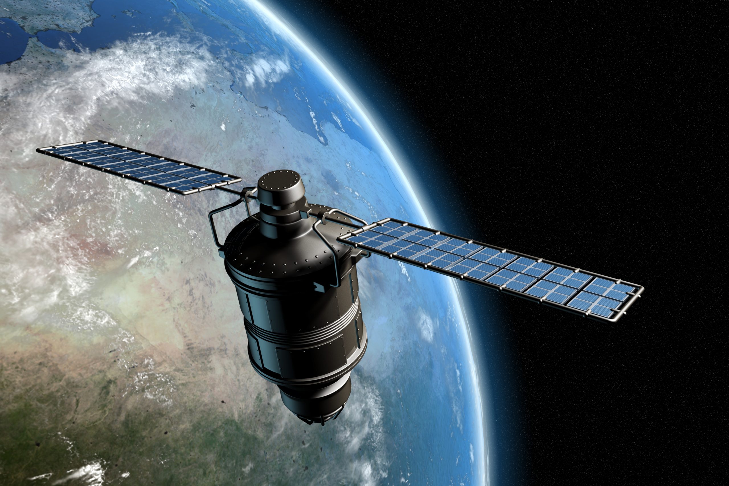 Satellite orbiting earth, photo-realistic high-res 3D rendering